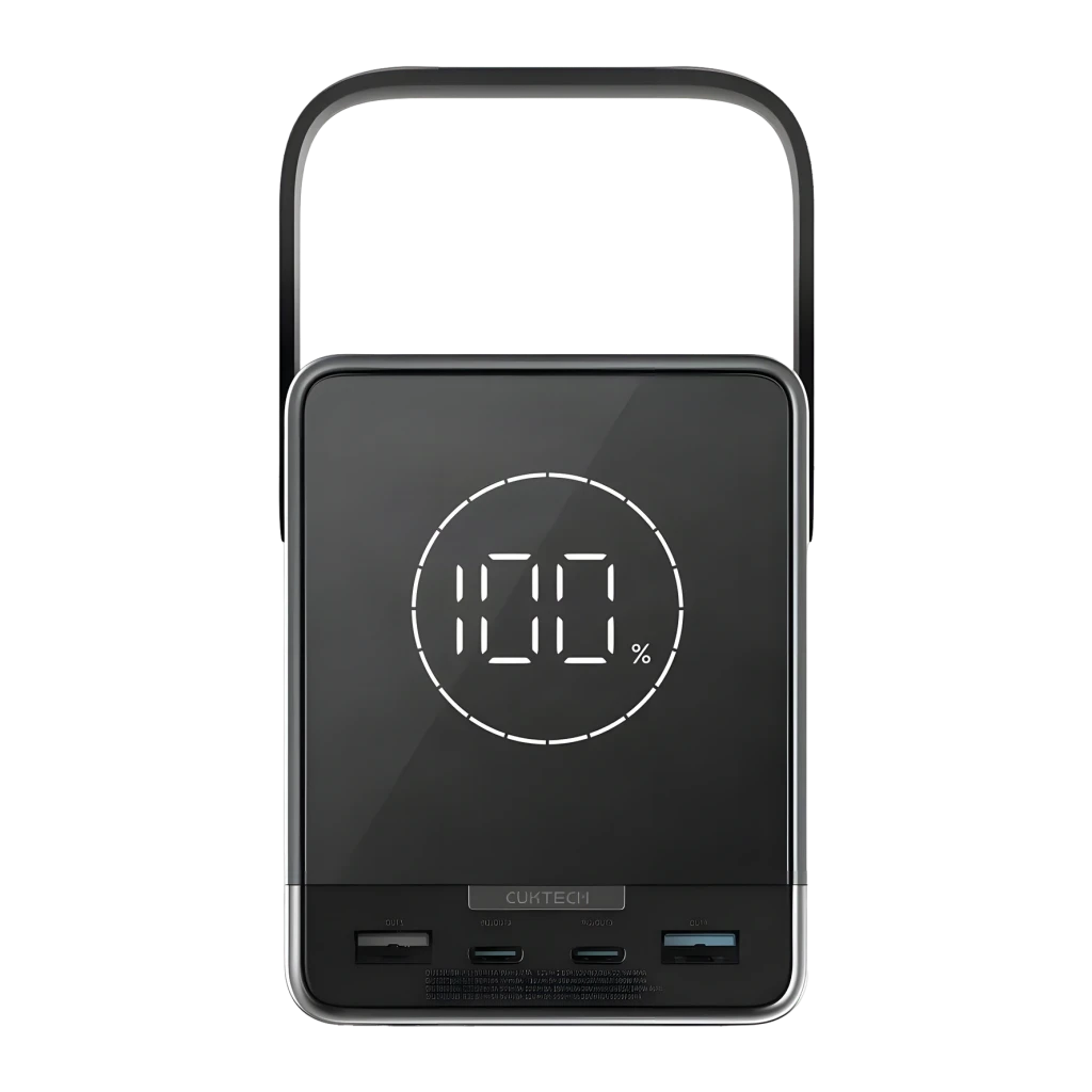 Power Bank Cuktech 40000mAh Noir Charge Sans Fil 300W 2x USB-C + USB-A CUKP01CTEUSL, vue avant: écran LED circulaire à 100%