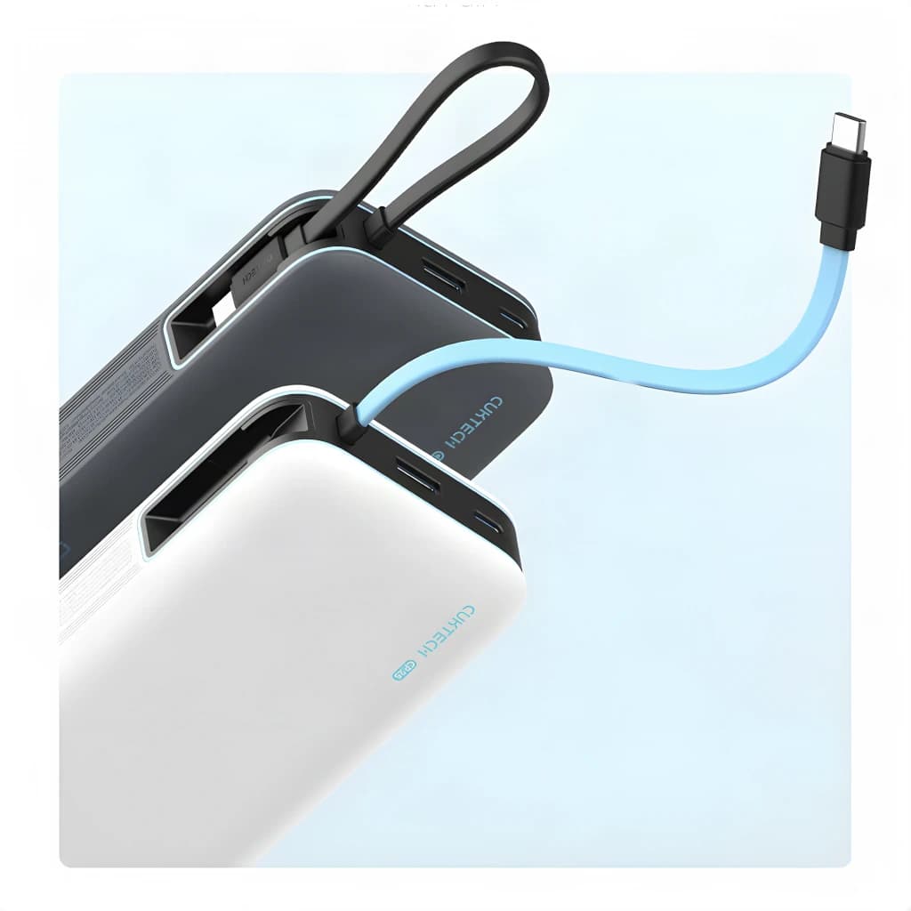 Batterie Externe Cuktech 20000mAh Blanche Câble USB-C Intégré 55W 3 Ports CUKP200NGLLG - 3 (2x USB-C + 1x USB-A)