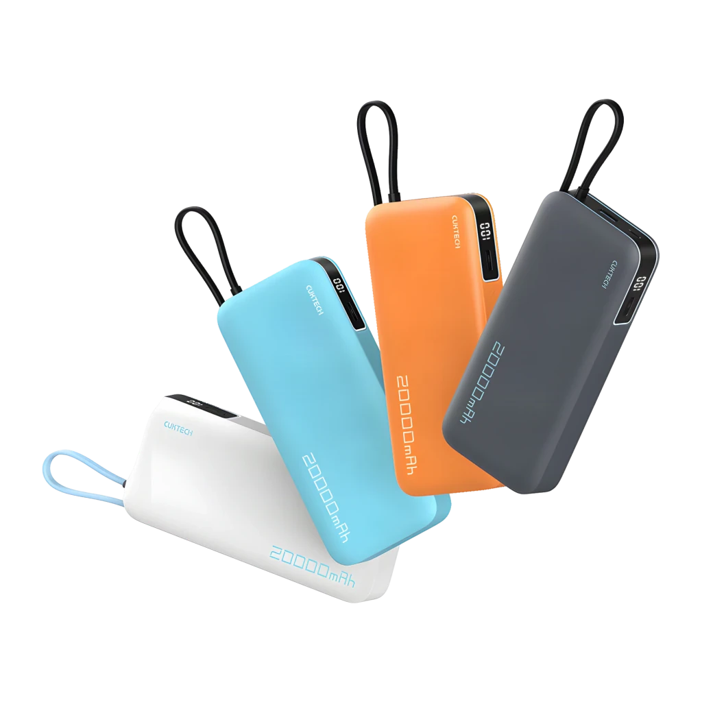 Batterie Externe Cuktech 20000mAh Blanche Câble USB-C Intégré 55W 3 Ports CUKP200NGLLG, gamme coloris: 4 unités blanc, bleu