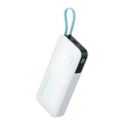 Batterie Externe Cuktech 20000mAh Blanche Câble USB-C Intégré 55W 3 Ports CUKP200NGLLG, vue en perspective: câble bleu