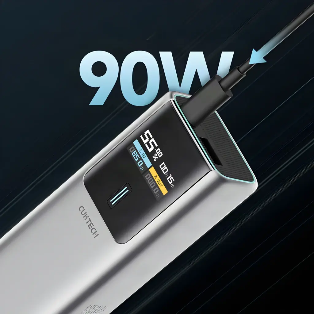 Power Bank Cuktech 10000mAh Gris 150W USB-C + USB-A Charge Rapide CKPB100PGLBL - écran LCD affichant 55%