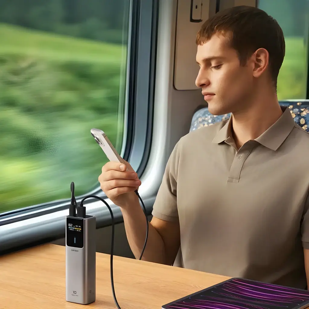 Power Bank Cuktech 10000mAh Gris 150W USB-C + USB-A Charge Rapide CKPB100PGLBL - homme charge téléphone dans train