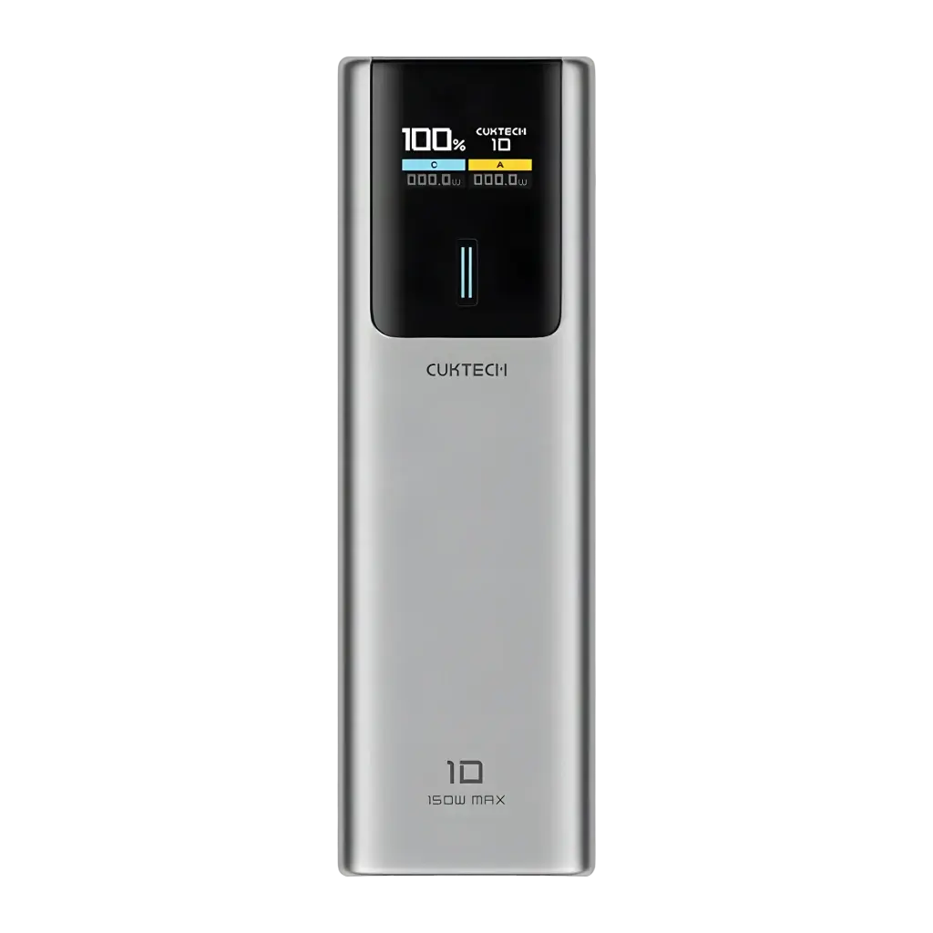 Power Bank Cuktech 10000mAh Gris 150W USB-C + USB-A Charge Rapide CKPB100PGLBL - écran OLED affichant 100%