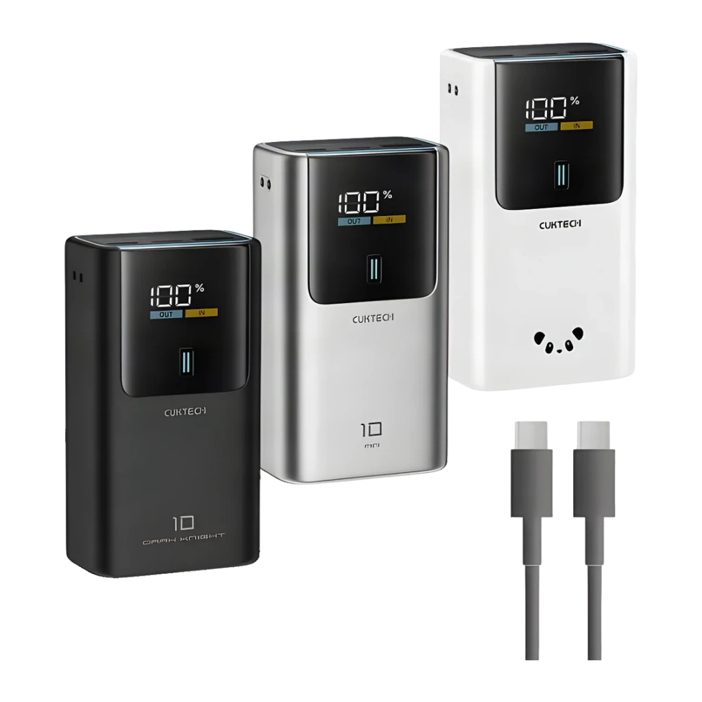 Power Bank Cuktech 10 10000mAh Gris Câble USB-C Intégré 55W Charge Rapide PB1055, variantes: trois coloris noir gris blanc