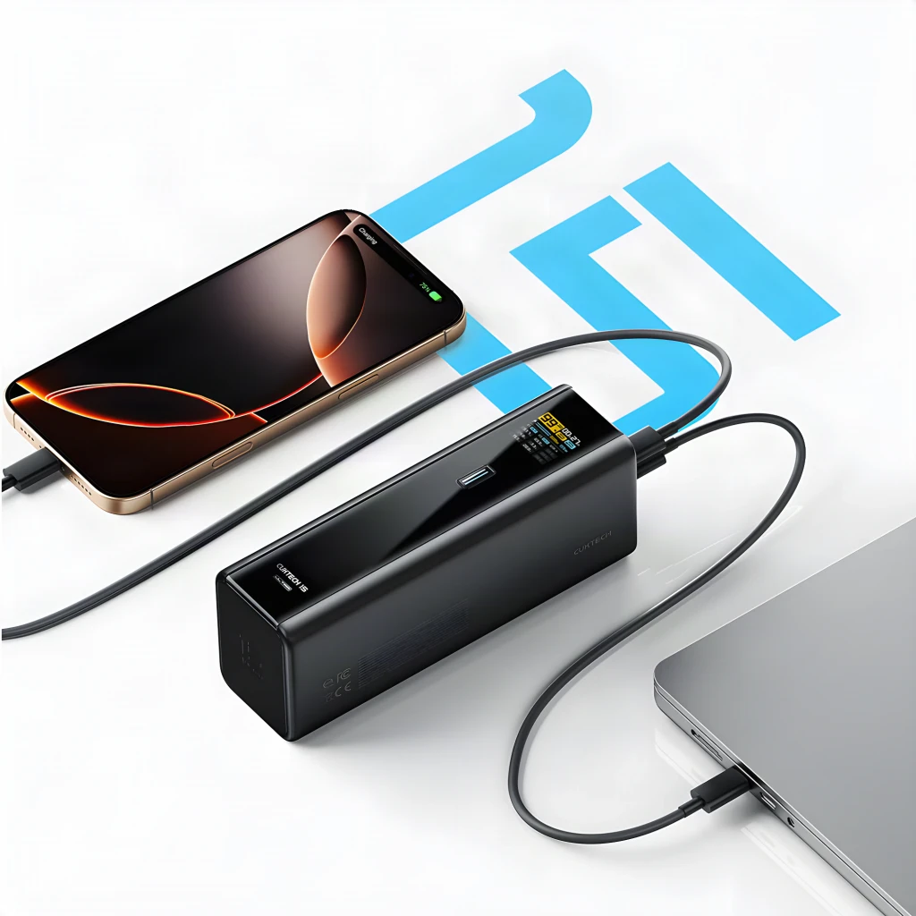 Power Bank Cuktech 20000mAh Noir 210W 2x USB-C + USB-A Charge Rapide PB200U, en usage: charge simultanée smartphone
