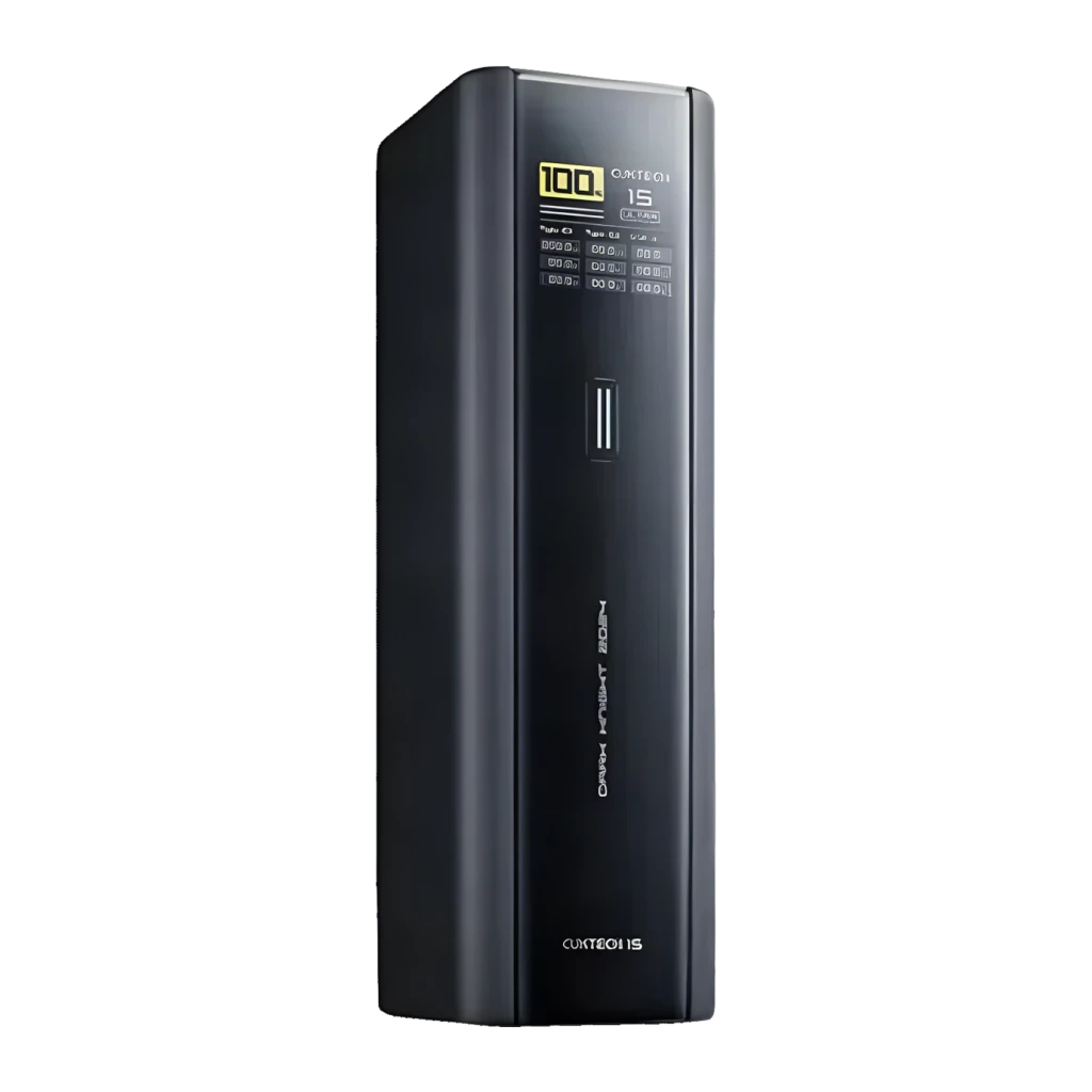 Power Bank Cuktech 20000mAh Noir 210W 2x USB-C + USB-A Charge Rapide PB200U, vue latérale: écran LED affichant 100% batterie