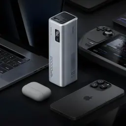 Power Bank Cuktech 20000mAh Gris 85W 2x USB-C 1x USB-A Charge Rapide CUKP200XGLGR - en vertical entouré d'un
