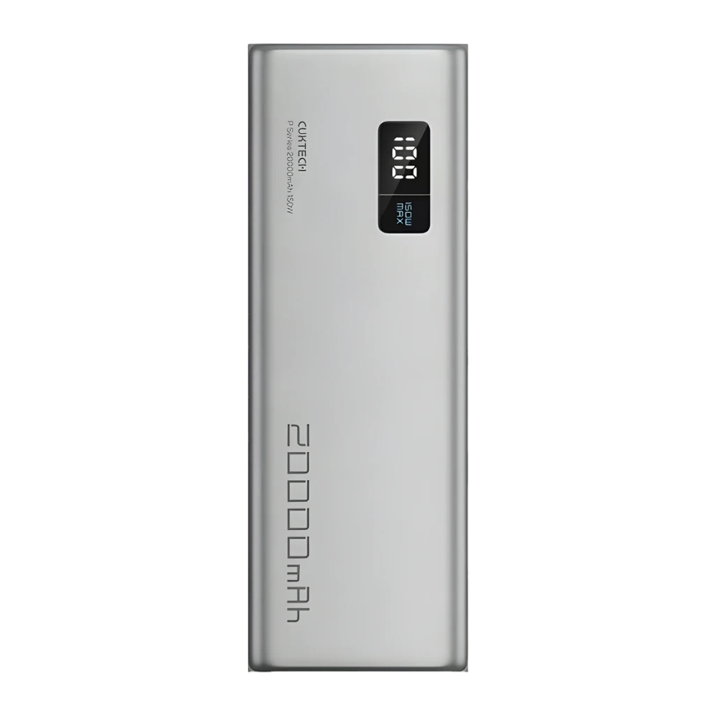 Power Bank Cuktech 20000mAh Gris 85W 2x USB-C 1x USB-A Charge Rapide CUKP200XGLGR, vue avant: écran LED numérique et gravure