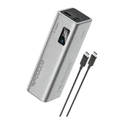 Power Bank Cuktech 20000mAh Gris 85W 2x USB-C 1x USB-A Charge Rapide CUKP200XGLGR, vue avant en angle: écran LED, ports