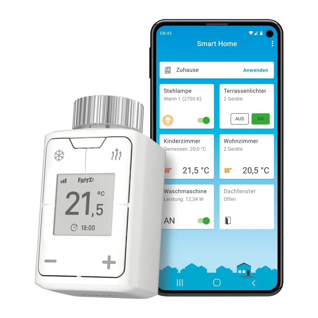 Tête thermostatique FRITZ! DECT 302 Blanc Filetage M30 x 1,5 mm, vue avant: écran affichant 21,5°C avec smartphone et app