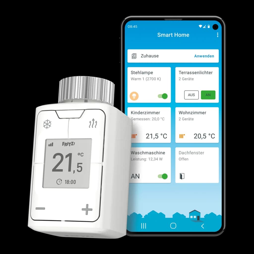 Tête thermostatique FRITZ! DECT 302 Blanc Filetage M30 x 1,5 mm - écran affichant 21,5°C avec smartphone et app