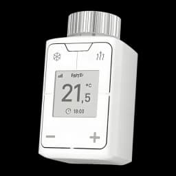 Tête thermostatique FRITZ! DECT 302 Blanc Filetage M30 x 1,5 mm, vue de face en angle: écran LCD affichant 21,5°C, boutons