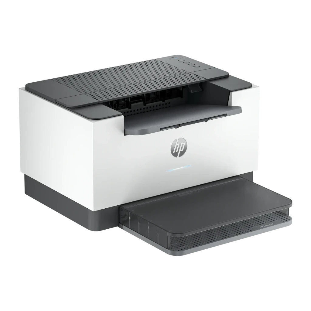 Imprimante laser HP LaserJet M207dw Monochrome WiFi Recto-verso Gris, vue latérale: bac d'entrée ouvert et sortie papier
