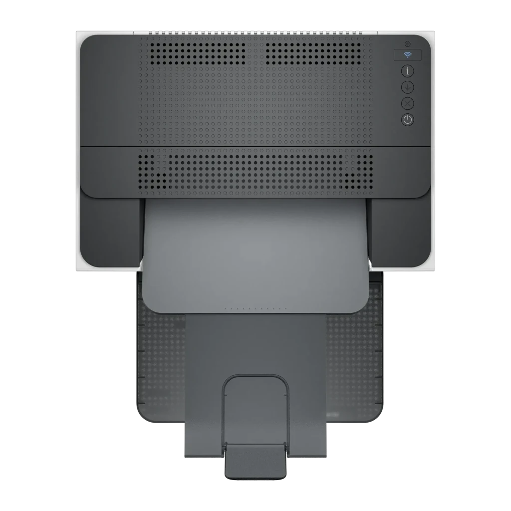 Imprimante laser HP LaserJet M207dw Monochrome WiFi Recto-verso Gris, vue du dessus: panneau boutons WiFi et bac de sortie