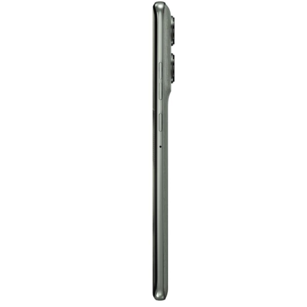 Lateral del Motorola Edge 60 Pro 5G en verde Shadow con perfil delgado, marco metálico, botones de volumen y encendido, módulo de cámara trasera