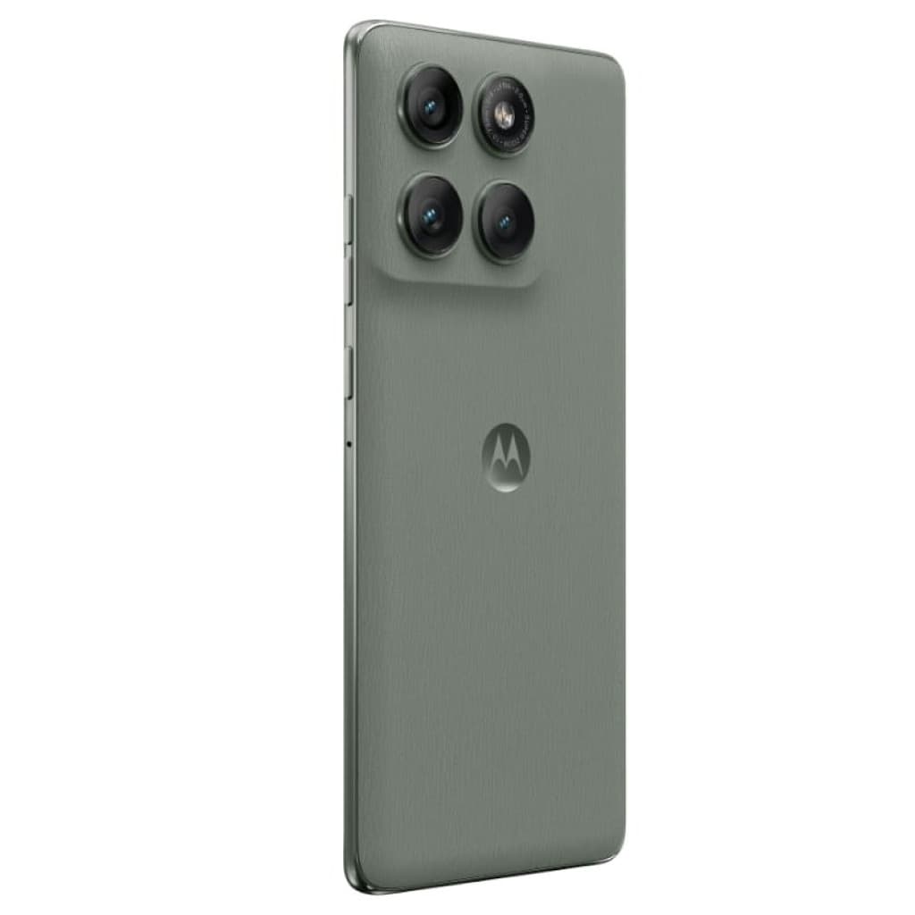 Motorola Edge 60 Pro 5G Verde Shadow con triple cámara trasera en módulo elevado, acabado mate texturizado y logotipo Moto centrado en la trasera