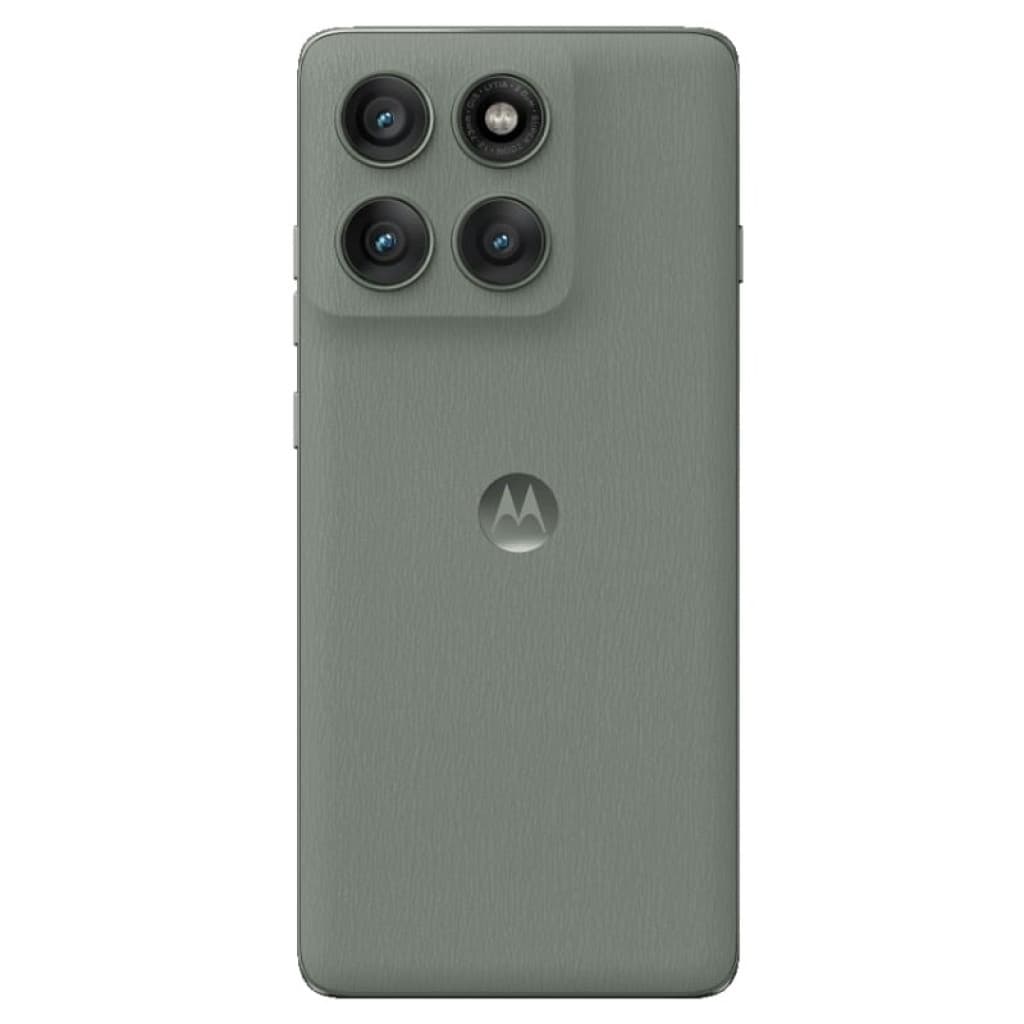 Motorola Edge 60 Pro 5G verde Shadow con tapa trasera texturizada y módulo de triple cámara elevado en esquina, logo central de Motorola
