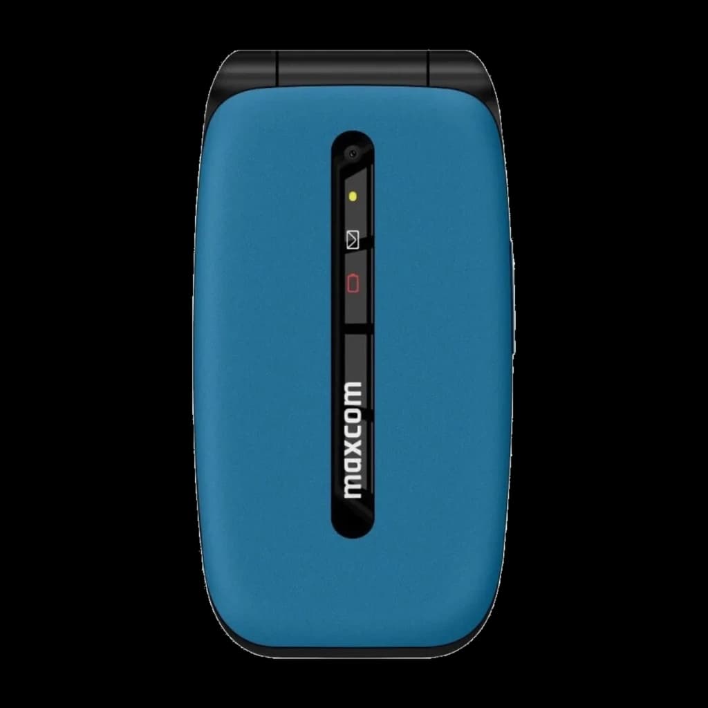 Maxcom MM828L coque 4G bleue pour téléphone à clapet 2,4 pouces, finition mate, bande noire centrale avec logo, ouverture appareil photo et LED