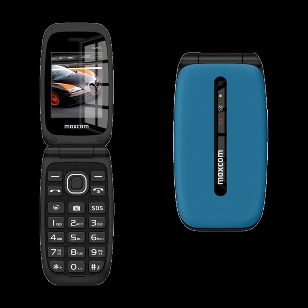 Maxcom MM828L 1200mAh 4G Bleu Clapet 2,4 pouces TFT, avant et arrière: ouvert avec clavier et écran TFT, dos avec module