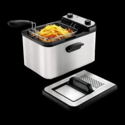 Freidora Grunkel Maxi Fry Pro 4,2L 3000W Acero Inoxidable - cesta elevada con patatas fritas y tapa desmontada