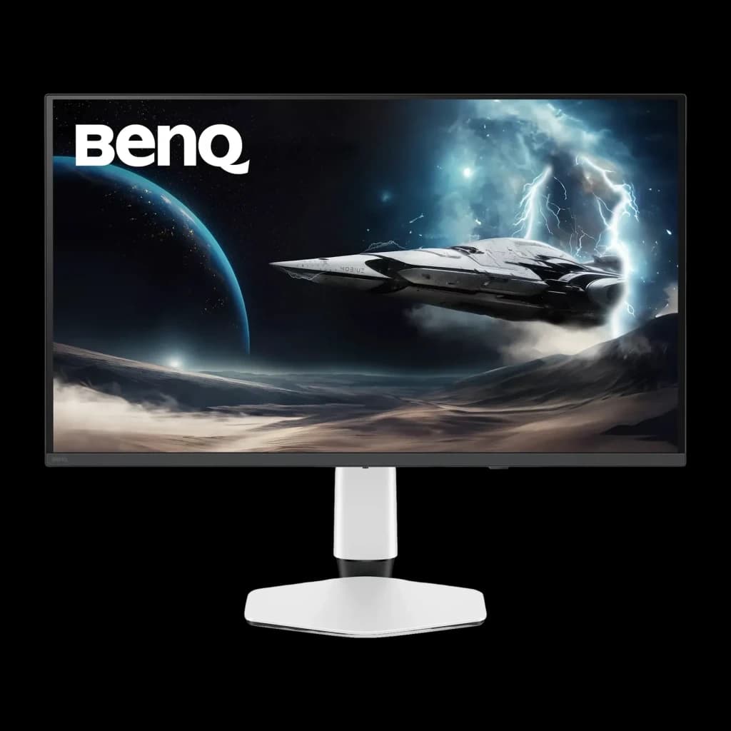 Monitor BenQ MOBIUZ 31.5 pulgadas OLED 240Hz 4K IPS Blanco EX321UZ - pantalla con escena espacial y soporte