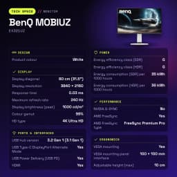 Monitor BenQ MOBIUZ 31.5 pulgadas OLED 240Hz 4K IPS Blanco EX321UZ - características, 300 cd/m²