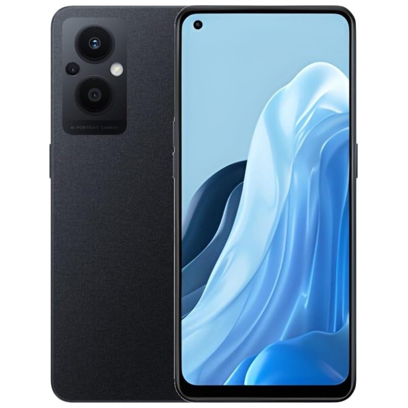 Oppo Reno 7 Lite 5G preto com tela cheia perfurada, bordas finas, módulo de câmera dupla com flash e acabamento fosco; 8 GB RAM e 128 GB armazenamento - Item