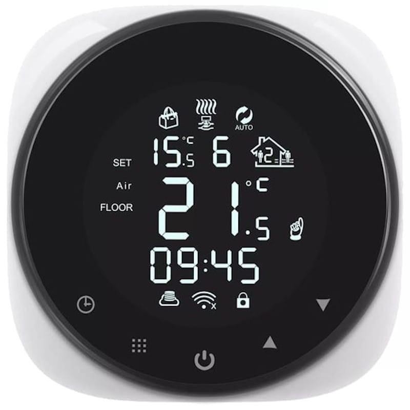 Termostato Inteligente Girier Caldera Gas 16A Tuya Smart Desprecintado con pantalla LCD circular negra, iconos retroiluminados, control táctil y hora 09:45 - Ítem