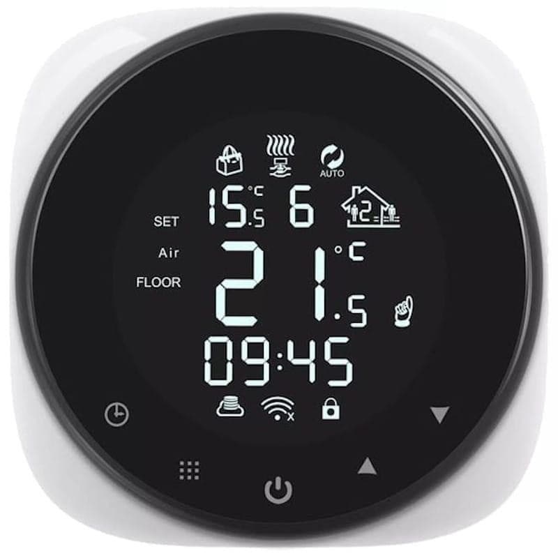Thermostat intelligent rond noir à écran LCD blanc, affichage 21 °C, heure 09:45, icônes Wi‑Fi, chauffage, auto et maison, bouton tactile marche/arrêt