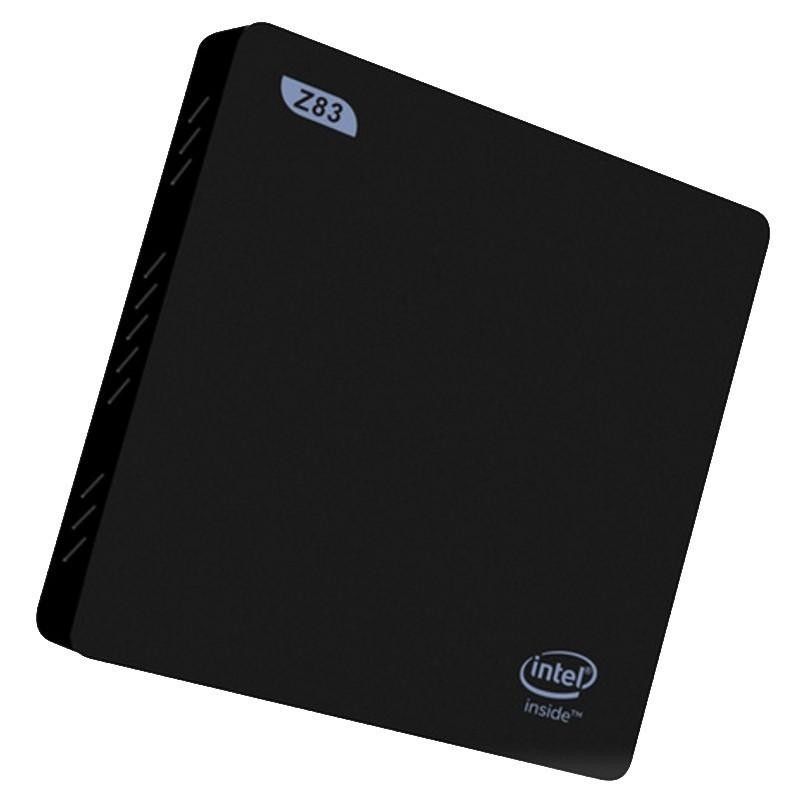 Mini PC Z83II negro ultracompacto con logo Intel, diseño cuadrado delgado y rejillas laterales de ventilación, ideal para espacios reducidos - Ítem