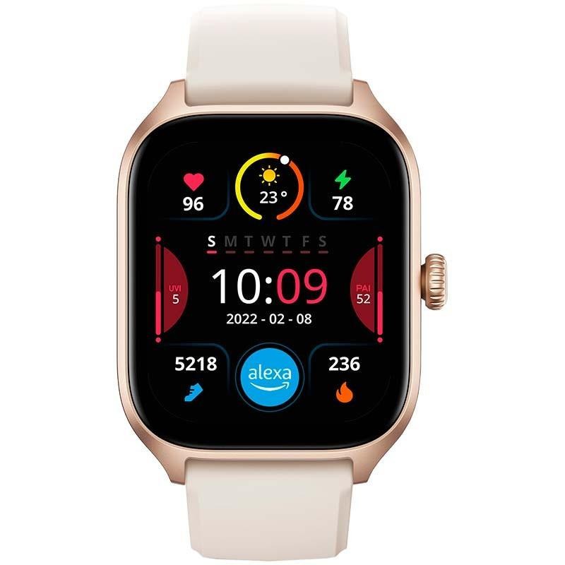 Amazfit GTS 4 Blanco Desprecintado, smartwatch con caja dorada, pantalla rectangular a color, correa blanca, corona lateral y métricas de salud visibles - Ítem