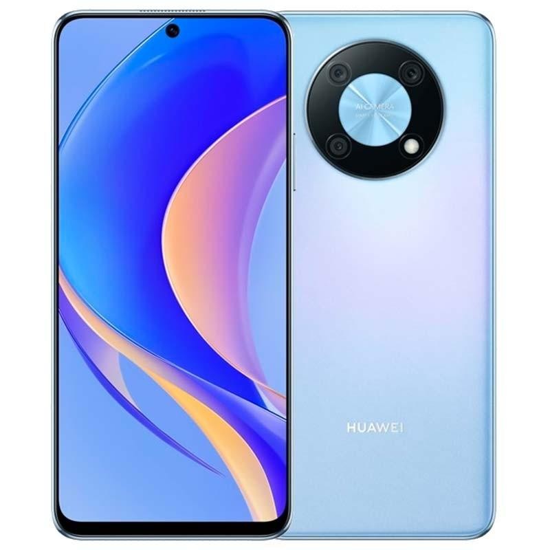 Huawei Nova Y90 azul com ecrã inteiro perfurado e molduras finas, módulo traseiro circular com múltiplas câmaras e acabamento degradê elegante - Item