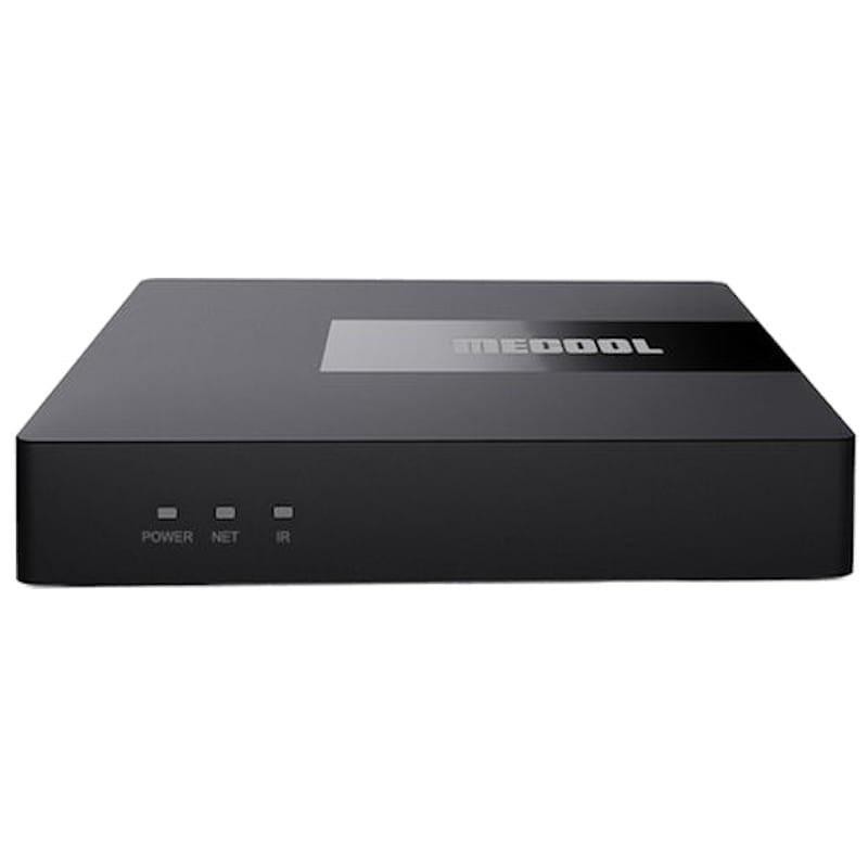 Caja TV negra Mecool KM7 con frontal minimalista, indicadores LED Power Net IR y logo superior. Diseño compacto, bordes redondeados, acabado mate. - Ítem