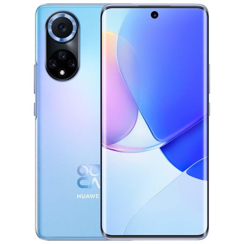 Huawei Nova 9 azul com ecrã curvo amplo, câmara frontal central em punch-hole e módulo traseiro duplo circular; design elegante, 8 GB RAM e 128 GB - Item