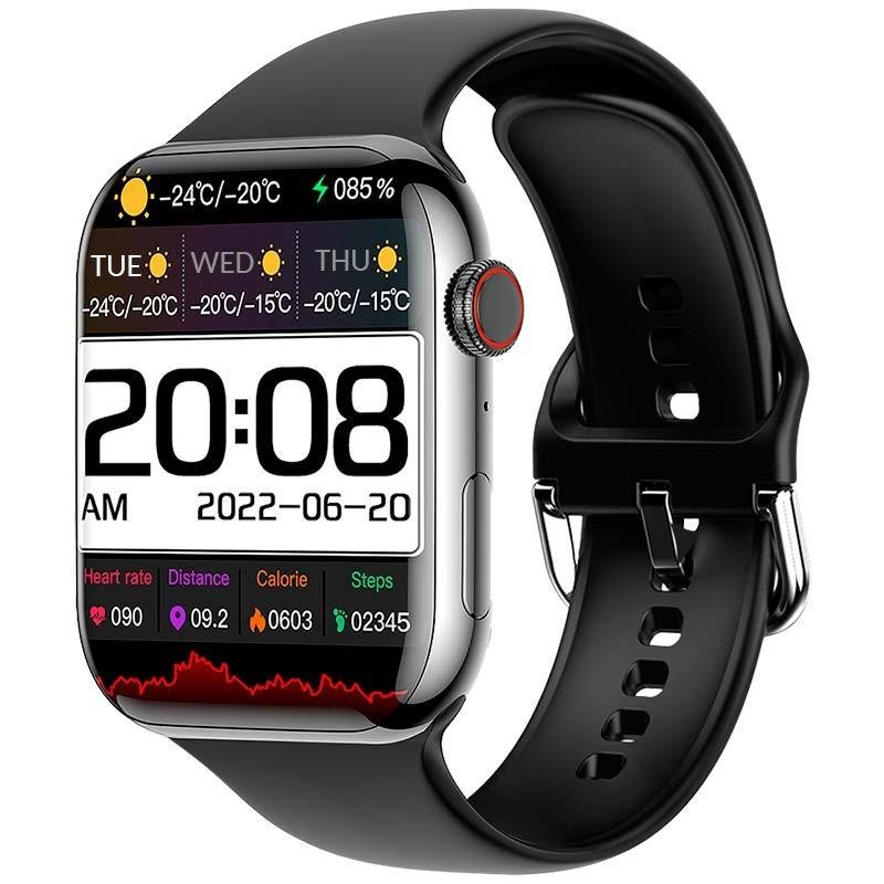 LEMFO DM10 Negro, reloj inteligente desprecintado con pantalla táctil a color, correa de silicona negra, bordes metálicos y métricas de salud y clima en - Ítem