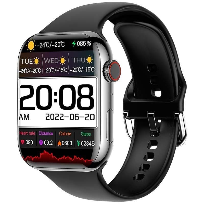 LEMFO DM10 Negro, reloj inteligente desprecintado con pantalla táctil a color, correa de silicona negra, bordes metálicos y métricas de salud y clima en