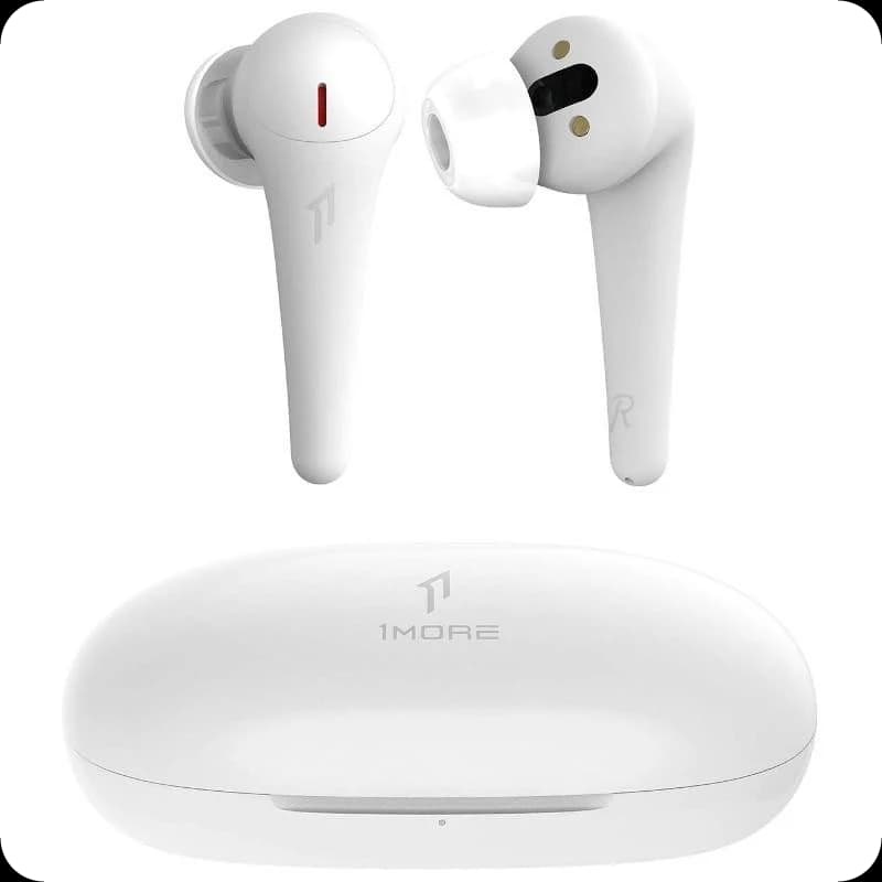 1MORE ComfoBuds Pro Blanc Déscellés avec boîtier lisse, oreillettes intra-auriculaires à tiges longues, embouts silicone, LED discrète et finition mate