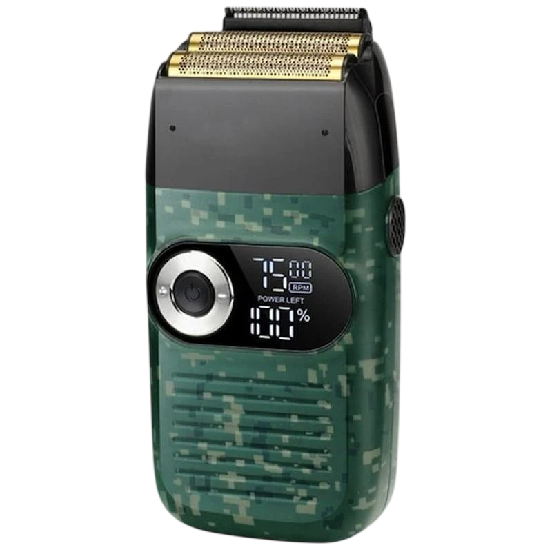 Afeitadora Eléctrica Kemei KM-2027 Camo Edition desprecintado con carcasa camuflaje, doble lámina dorada, recortadora emergente y pantalla LED de batería - Ítem