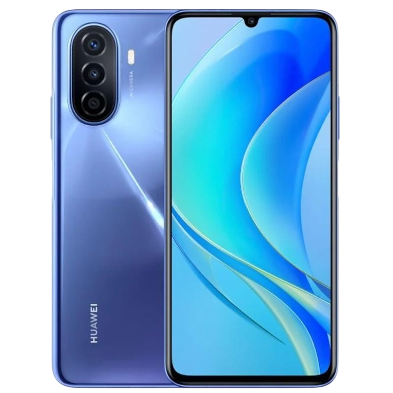 Huawei Nova Y70 azul con pantalla amplia de bordes finos, notch en gota y triple cámara trasera vertical con flash; acabado brillante y 4GB RAM 128GB - Ítem