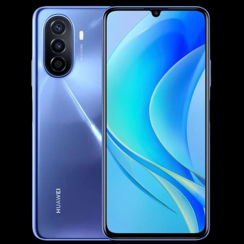 Huawei Nova Y70 bleu avec écran large bord fin, encoche goutte et triple caméra arrière verticale brillante, design sleek 4 Go 128 Go desscellé