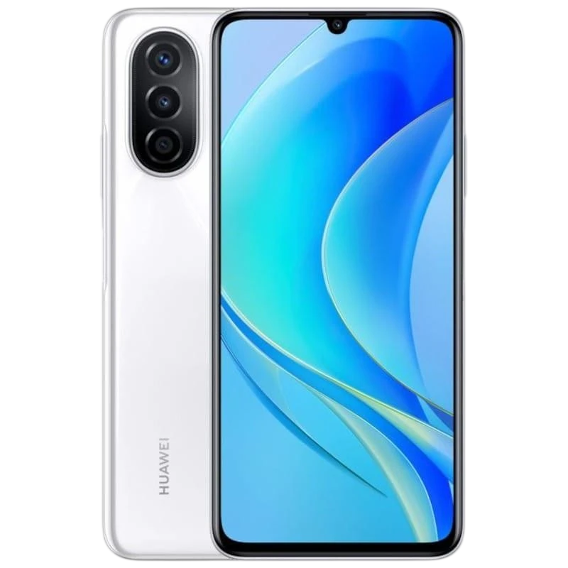 Huawei Nova Y70 blanco desprecintado con pantalla grande de borde fino, notch en gota y triple cámara trasera vertical; 4 GB RAM y 128 GB de almacenamiento - Ítem