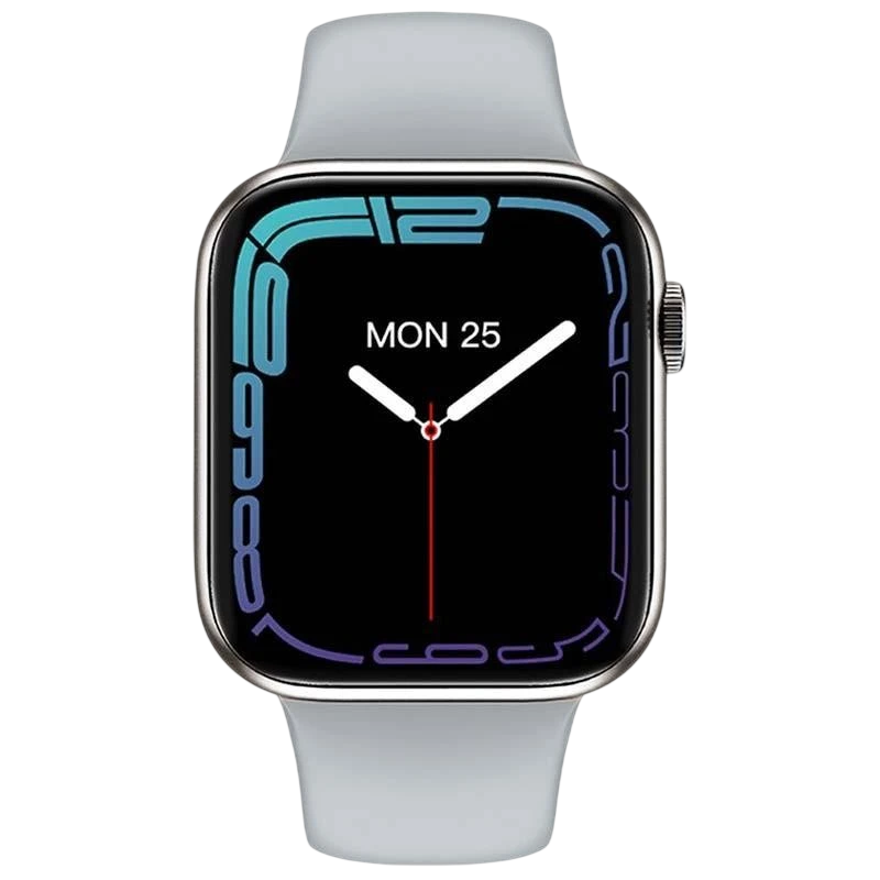 IWO HW37 prata com coroa lateral e mostrador retangular grande, bordas finas e bracelete esportiva cinza; tela colorida com ponteiros analógicos - Item