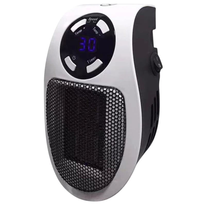 Mini Calefactor Heater 801 220V blanco y negro, compacto de enchufe, rejilla frontal, pantalla LED azul con temperatura 30 y botones Temp Speed Timer - Ítem
