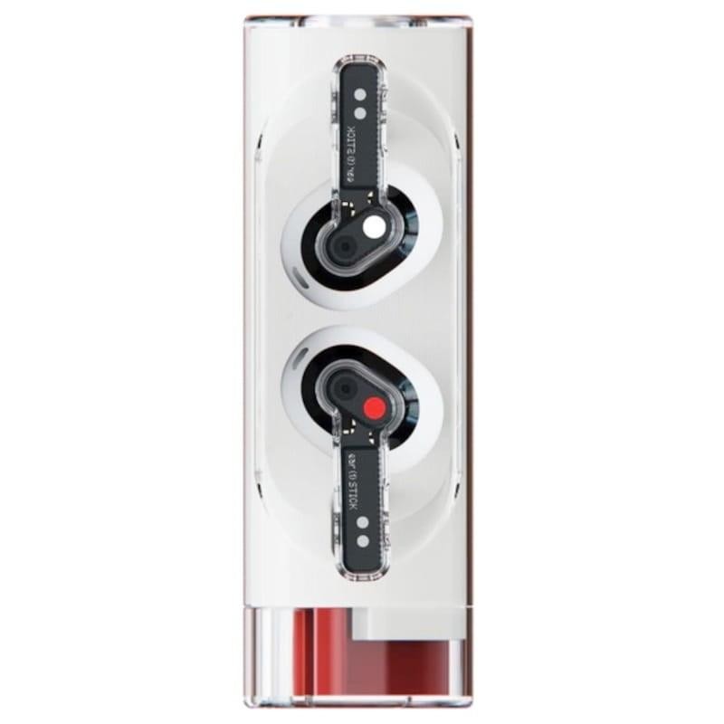 Estojo cilíndrico transparente do Nothing Ear stick exibindo dois auriculares pretos com detalhes vermelhos, design minimalista e moderno, embalagem - Item
