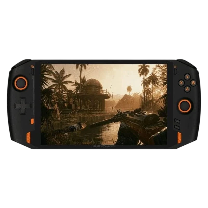 Console portátil Onexplayer 8,4 polegadas preto com botões laranja, tela ampla com jogo em execução, botões ABXY e direcional, design ergonômico - Item