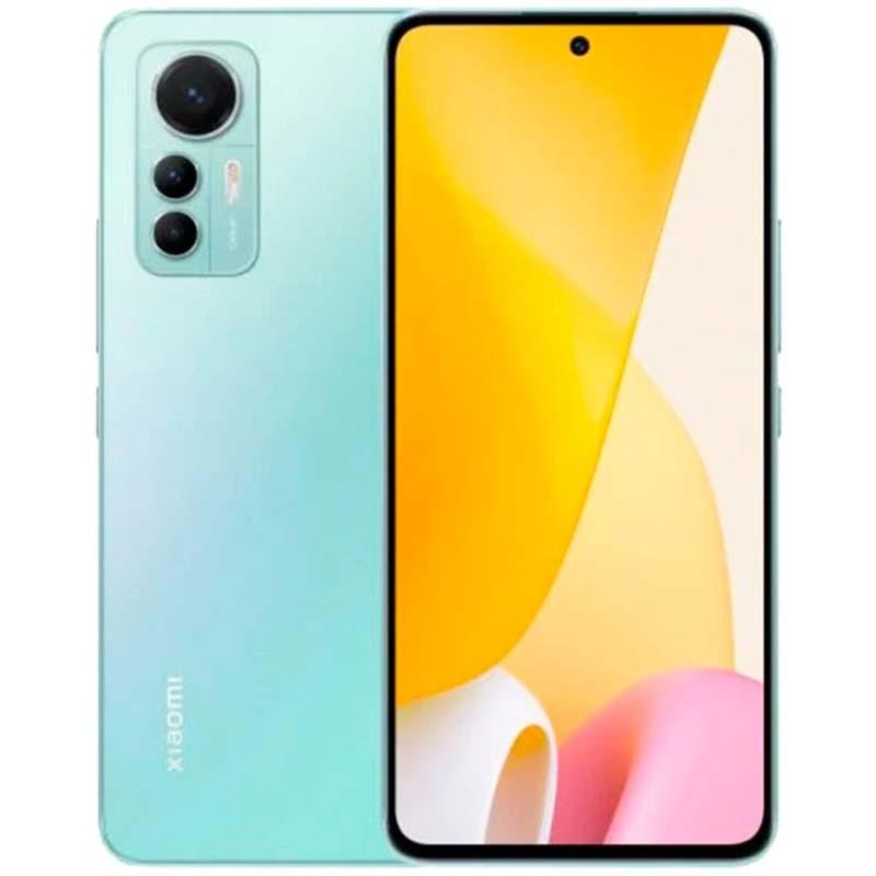 Xiaomi 12 Lite verde com ecrã amplo perfurado, laterais finas, câmara tripla traseira com flash e acabamento degradê; 8 GB RAM e 128 GB armazenamento - Item
