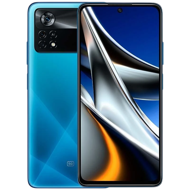 Xiaomi Poco X4 Pro 5G azul desprecintado con pantalla casi sin bordes, cámara triple trasera con módulo rectangular y acabado degradado geométrico - Ítem