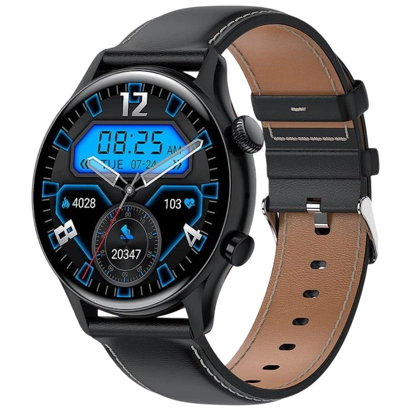 Colmi i30 Preto com correia de couro preta, caixa metálica preta, mostrador redondo com ponteiros e display digital azul, fivela clássica e furos ajustáveis - Item