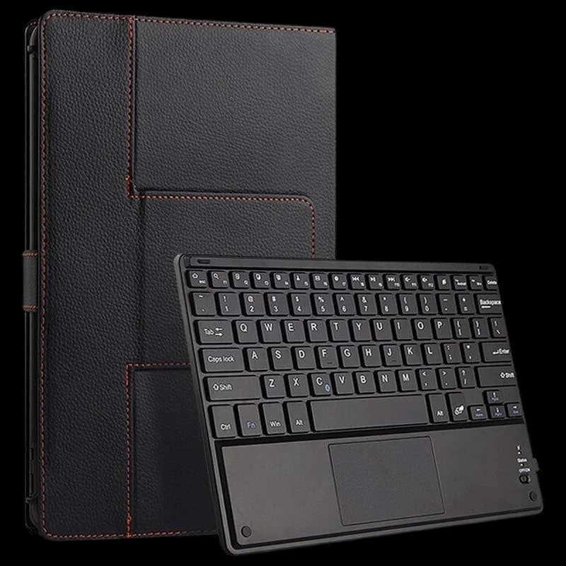 Funda con teclado para Teclast T40 desprecintado, acabado en piel negra con costuras rojas, teclado QWERTY compacto y touchpad integrado