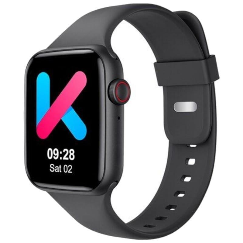Kumi KU2 Pro Negro smartwatch desprecintado con pantalla táctil rectangular, correa de silicona negra ajustable y botón lateral rojo, diseño moderno - Ítem